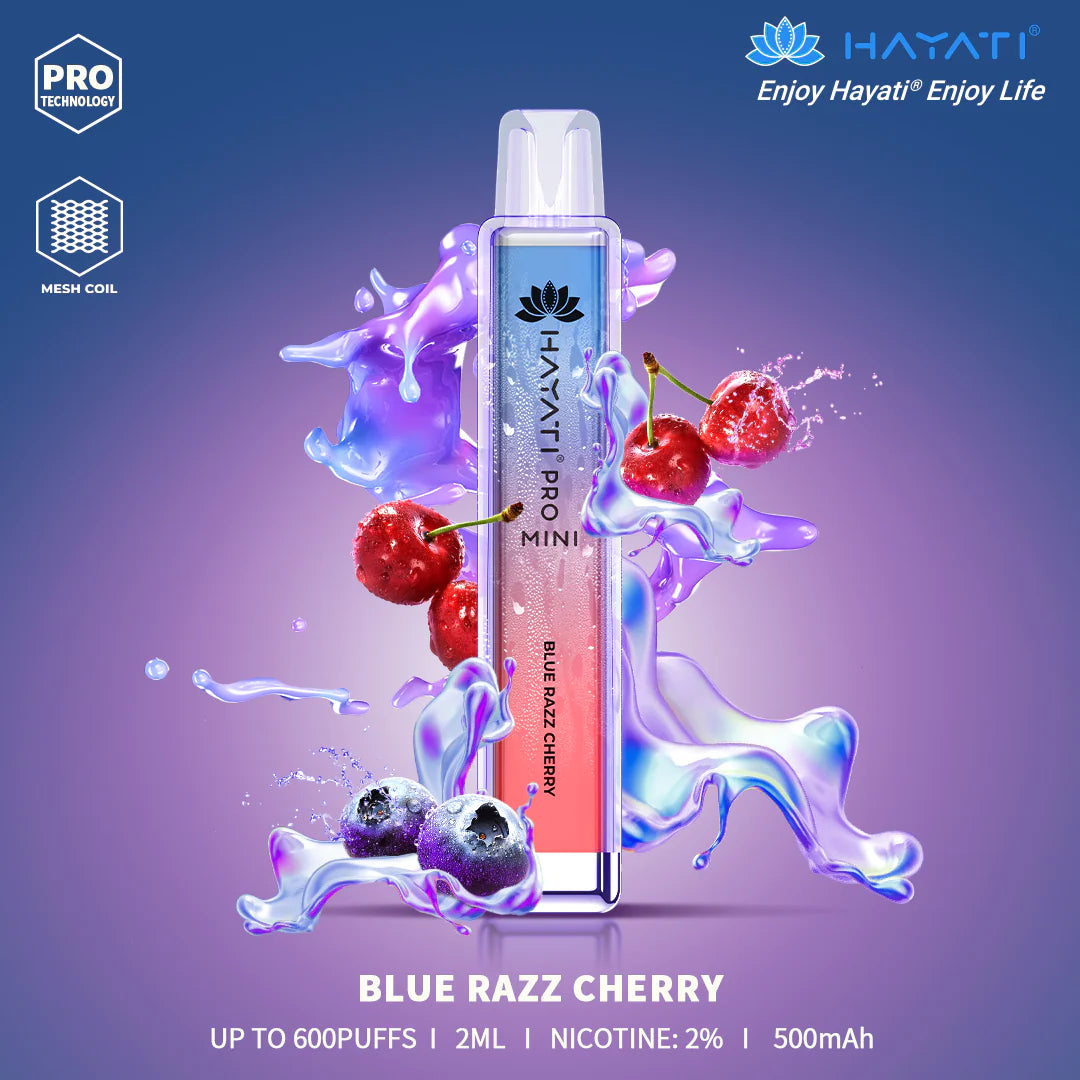 BLUE RAZZ CHERRY HAYATI PRO MINI 600 PUFF DISPOSABLE VAPE CRYSTAL PRO MAX